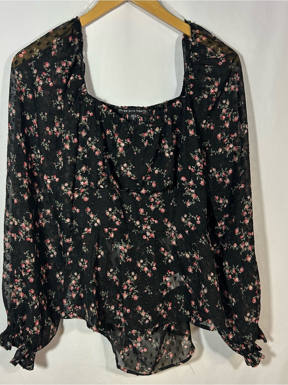 Three Pink Hearts X-Large Peasant Top Black Floral Open Tie Back Semi Sheer